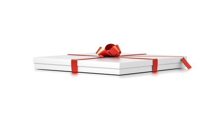 White gift box with red ribbon bow tie from far side angle. Thin, horizontal, square and medium size.