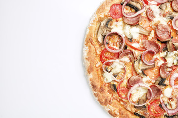 Delicious pizza with sausages and onion on light background. Top view