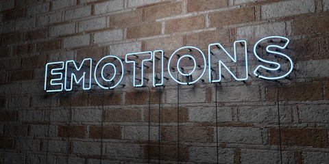 Fototapeta premium EMOTIONS - Glowing Neon Sign on stonework wall - 3D rendered royalty free stock illustration. Can be used for online banner ads and direct mailers..