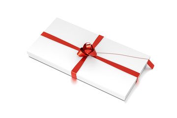White gift box with red ribbon bow tie from top side closeup angle. Thin, wide, horizontal, long, rectangle and large size.