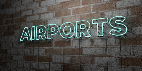 AIRPORTS - Glowing Neon Sign on stonework wall - 3D rendered royalty free stock illustration.  Can be used for online banner ads and direct mailers..