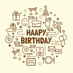 happy birthday minimal thin line icons set