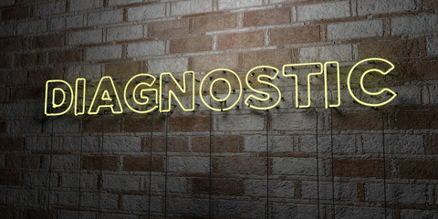 DIAGNOSTIC - Glowing Neon Sign on stonework wall - 3D rendered royalty free stock illustration.  Can be used for online banner ads and direct mailers..