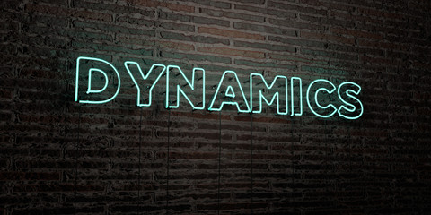 DYNAMICS -Realistic Neon Sign on Brick Wall background - 3D rendered royalty free stock image. Can be used for online banner ads and direct mailers..