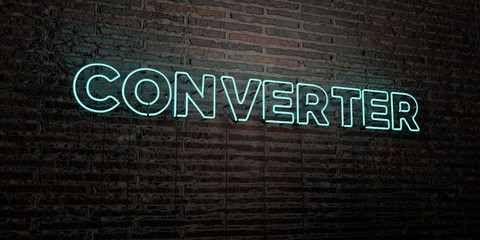 CONVERTER -Realistic Neon Sign on Brick Wall background - 3D rendered royalty free stock image. Can be used for online banner ads and direct mailers..