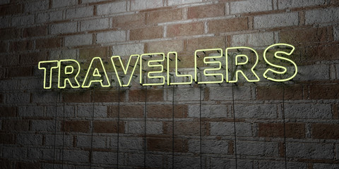TRAVELERS - Glowing Neon Sign on stonework wall - 3D rendered royalty free stock illustration.  Can be used for online banner ads and direct mailers..