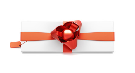 White gift box with red ribbon bow tie from top angle. Thin, slim, wide, narrow, horizontal, rectangle and small size.