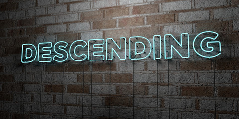 DESCENDING - Glowing Neon Sign on stonework wall - 3D rendered royalty free stock illustration.  Can be used for online banner ads and direct mailers..