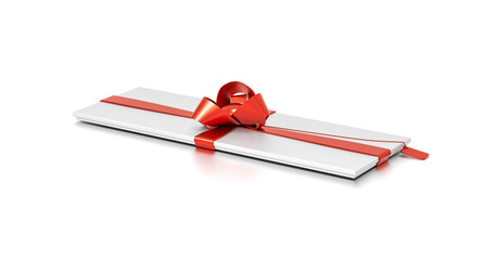 White gift box with red ribbon bow tie from top side angle. Thin, slim, wide, horizontal, long, rectangle and medium size.
