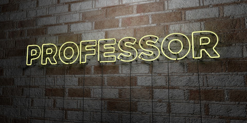 PROFESSOR - Glowing Neon Sign on stonework wall - 3D rendered royalty free stock illustration.  Can be used for online banner ads and direct mailers..