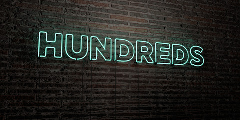 HUNDREDS -Realistic Neon Sign on Brick Wall background - 3D rendered royalty free stock image. Can be used for online banner ads and direct mailers..
