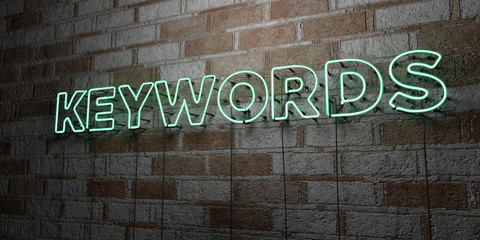 Fototapeta na wymiar KEYWORDS - Glowing Neon Sign on stonework wall - 3D rendered royalty free stock illustration. Can be used for online banner ads and direct mailers..