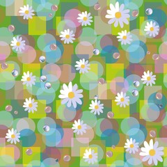 Seamless vector pattern with daisies and dewdrops on abstract background.