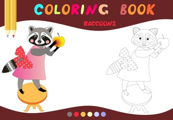 Coloring book. Cute raccoon with apple. Vector illustration for children education.