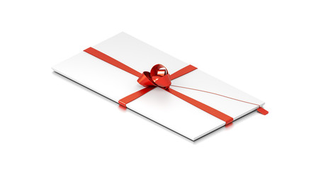 White gift box with red ribbon bow tie from top angle. Thin, slim, square and very large size.