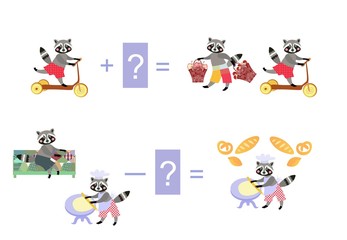 Magic math with cute raccoons. Educational game for children. Cartoon illustration of mathematical addition and subtraction