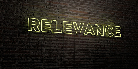 RELEVANCE -Realistic Neon Sign on Brick Wall background - 3D rendered royalty free stock image. Can be used for online banner ads and direct mailers..