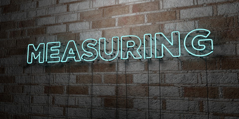 MEASURING - Glowing Neon Sign on stonework wall - 3D rendered royalty free stock illustration.  Can be used for online banner ads and direct mailers..
