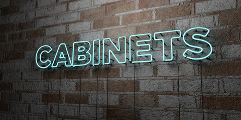 CABINETS - Glowing Neon Sign on stonework wall - 3D rendered royalty free stock illustration.  Can be used for online banner ads and direct mailers..