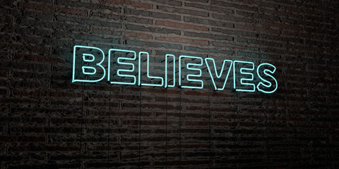 BELIEVES -Realistic Neon Sign on Brick Wall background - 3D rendered royalty free stock image. Can be used for online banner ads and direct mailers..