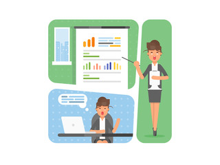 Business woman showing presentation of the project, sales statistics graphs on presentation screen. workplace concept.