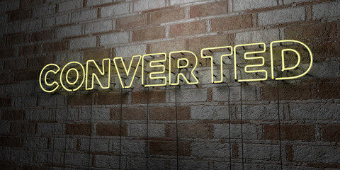 CONVERTED - Glowing Neon Sign on stonework wall - 3D rendered royalty free stock illustration.  Can be used for online banner ads and direct mailers..