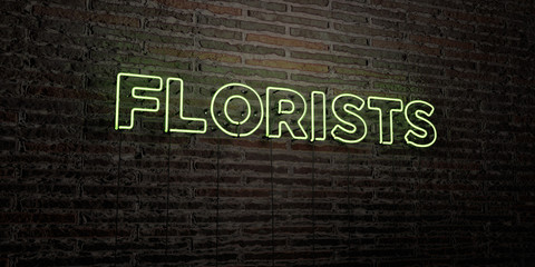 FLORISTS -Realistic Neon Sign on Brick Wall background - 3D rendered royalty free stock image. Can be used for online banner ads and direct mailers..