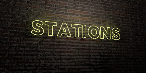 STATIONS -Realistic Neon Sign on Brick Wall background - 3D rendered royalty free stock image. Can be used for online banner ads and direct mailers..