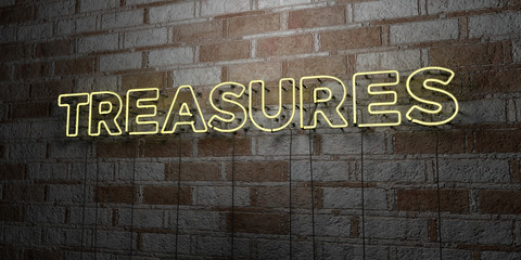 TREASURES - Glowing Neon Sign on stonework wall - 3D rendered royalty free stock illustration.  Can be used for online banner ads and direct mailers..