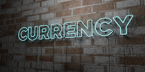 CURRENCY - Glowing Neon Sign on stonework wall - 3D rendered royalty free stock illustration.  Can be used for online banner ads and direct mailers..