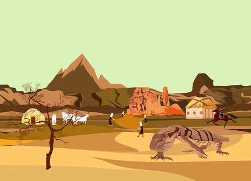 Kazakhstan Dry Desert And Moutains Wild Nature Vector Illustration. Varan Lizard On Sand Dunes.