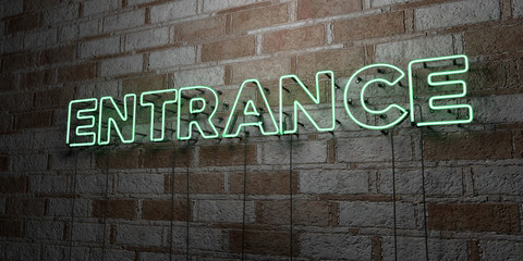 ENTRANCE - Glowing Neon Sign on stonework wall - 3D rendered royalty free stock illustration.  Can be used for online banner ads and direct mailers..