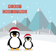 Penguin cartoon character. Cute Penguins wearing Santa Claus hat standing on sky blue background. Flat design Vector illustration for Merry Christmas and Happy New Year invitation card.
