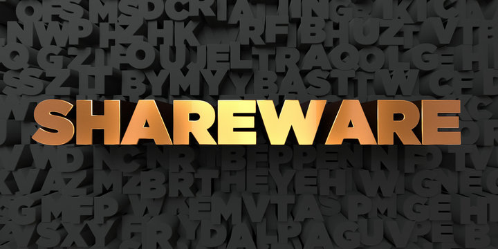 Shareware - Gold text on black background - 3D rendered royalty free stock picture. This image can be used for an online website banner ad or a print postcard.
