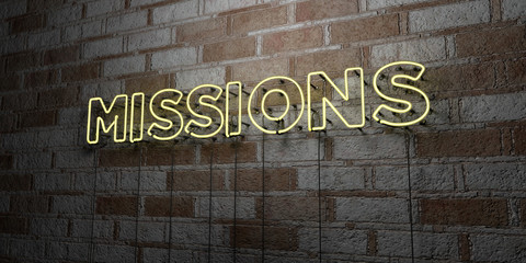 MISSIONS - Glowing Neon Sign on stonework wall - 3D rendered royalty free stock illustration.  Can be used for online banner ads and direct mailers..