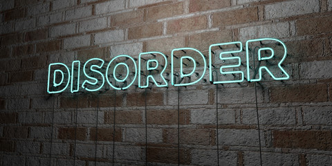 DISORDER - Glowing Neon Sign on stonework wall - 3D rendered royalty free stock illustration.  Can be used for online banner ads and direct mailers..