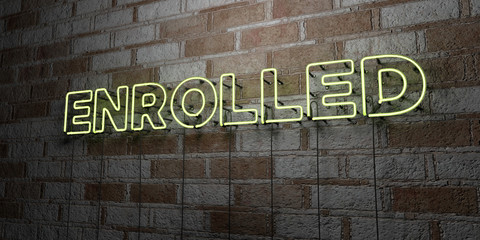 ENROLLED - Glowing Neon Sign on stonework wall - 3D rendered royalty free stock illustration.  Can be used for online banner ads and direct mailers..