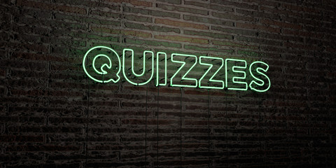 QUIZZES -Realistic Neon Sign on Brick Wall background - 3D rendered royalty free stock image. Can be used for online banner ads and direct mailers..