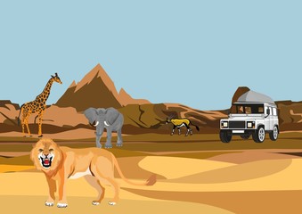 Safari in african savannah, lion, elephant, giraffe, automobile, vector illustration