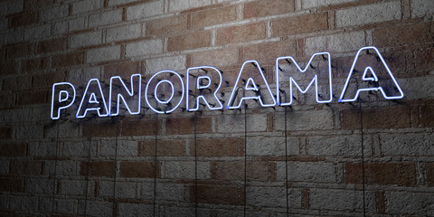 PANORAMA - Glowing Neon Sign on stonework wall - 3D rendered royalty free stock illustration.  Can be used for online banner ads and direct mailers..