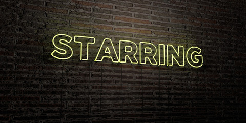 STARRING -Realistic Neon Sign on Brick Wall background - 3D rendered royalty free stock image. Can be used for online banner ads and direct mailers..