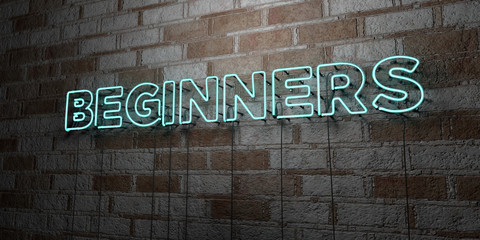 BEGINNERS - Glowing Neon Sign on stonework wall - 3D rendered royalty free stock illustration.  Can be used for online banner ads and direct mailers..