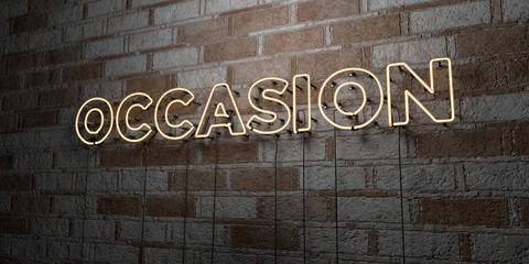 OCCASION - Glowing Neon Sign on stonework wall - 3D rendered royalty free stock illustration.  Can be used for online banner ads and direct mailers..