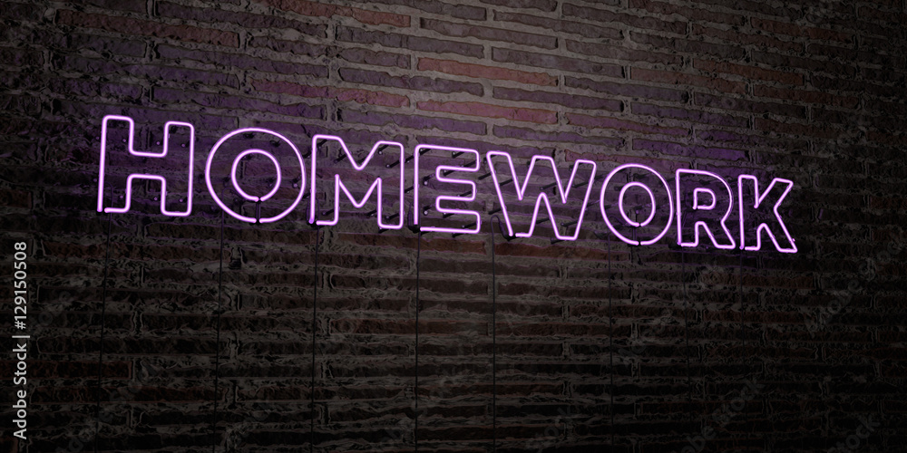 Fototapete homework -realistic neon sign on brick wall background - 3d rendered royalty free stock image. can b