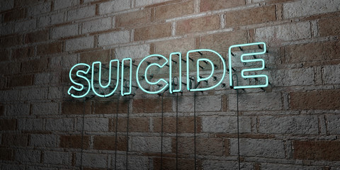 SUICIDE - Glowing Neon Sign on stonework wall - 3D rendered royalty free stock illustration.  Can be used for online banner ads and direct mailers..