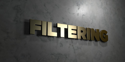 Filtering - Gold text on black background - 3D rendered royalty free stock picture. This image can be used for an online website banner ad or a print postcard.