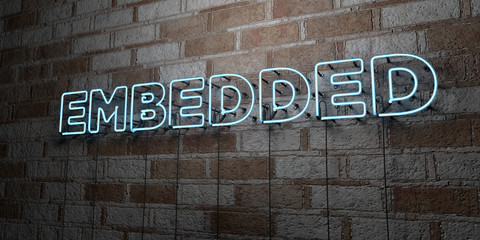 EMBEDDED - Glowing Neon Sign on stonework wall - 3D rendered royalty free stock illustration.  Can be used for online banner ads and direct mailers..