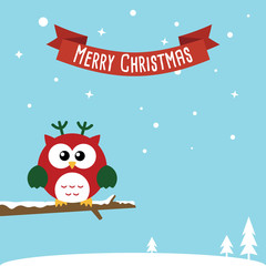 Cute Christmas Owls wearing Santa Claus hat standing on the branch. Flat design Vector illustration for Merry Christmas and Happy New Year invitation card on sky blue background.