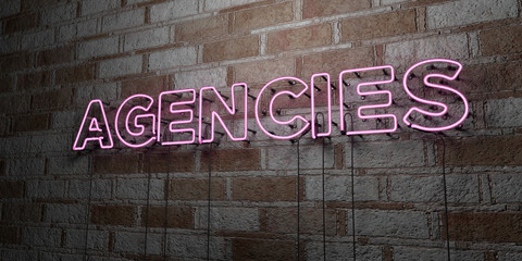 AGENCIES - Glowing Neon Sign on stonework wall - 3D rendered royalty free stock illustration.  Can be used for online banner ads and direct mailers..