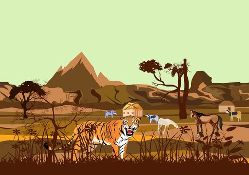 Turan Tiger and kazakh nomads aul vector illustration. Kazakhatan countryside natural view.